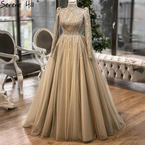 Muslim Gold Luxury Evening Dresses Gowns 2025 Ankle-Length A-Line Beading For Women Party LA70987