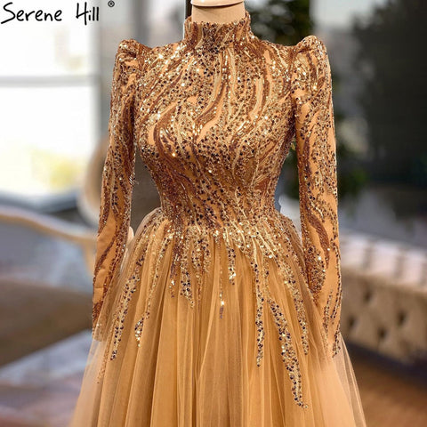 Muslim Gold Luxury Evening Dresses Gowns 2025 Ankle-Length A-Line Beading For Women Party LA70987