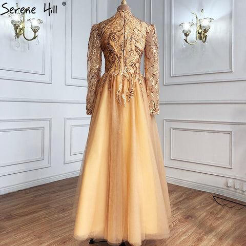 Muslim Gold Luxury Evening Dresses Gowns 2025 Ankle-Length A-Line Beading For Women Party LA70987