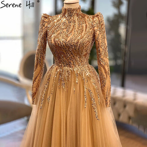 Muslim Gold Luxury Evening Dresses Gowns 2025 Ankle-Length A-Line Beading For Women Party LA70987