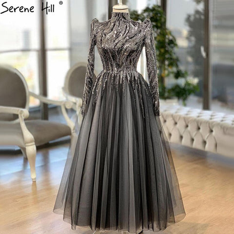 Muslim Gold Luxury Evening Dresses Gowns 2025 Ankle-Length A-Line Beading For Women Party LA70987