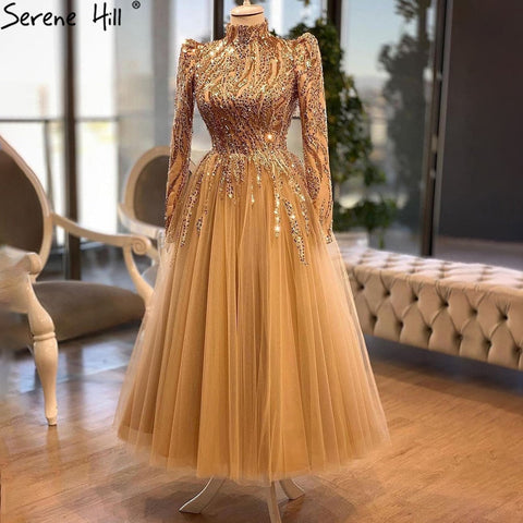 Muslim Gold Luxury Evening Dresses Gowns 2025 Ankle-Length A-Line Beading For Women Party LA70987