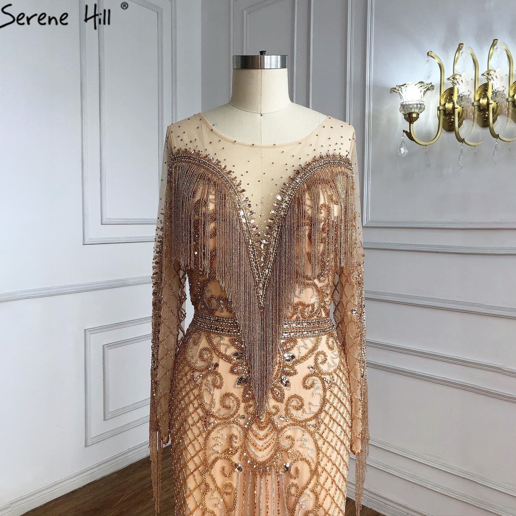 Muslim Gold Luxury Evening Dresses Gowns 2025  Beaded Tassels Elegant For Women Party LA60780