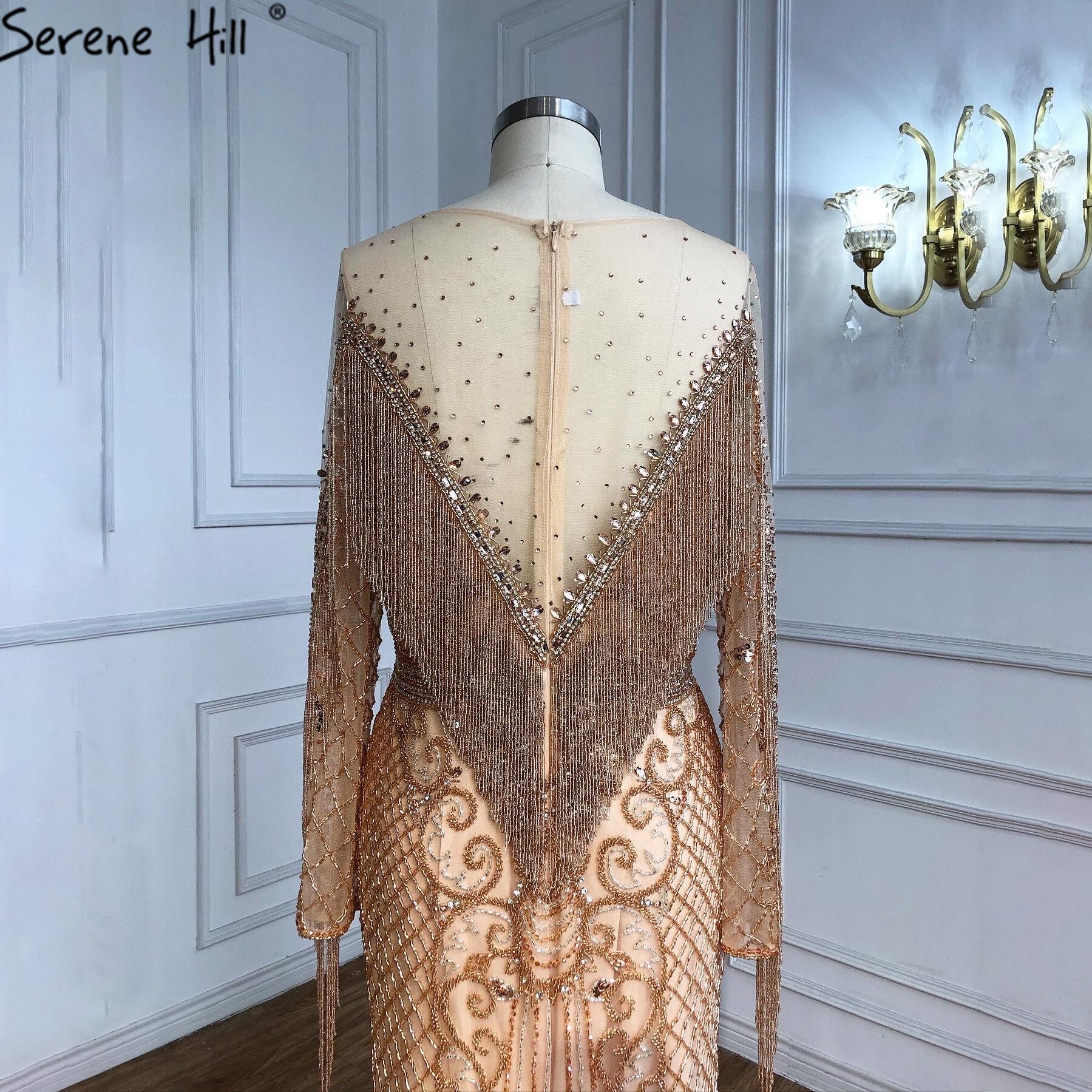 Muslim Gold Luxury Evening Dresses Gowns 2025  Beaded Tassels Elegant For Women Party LA60780