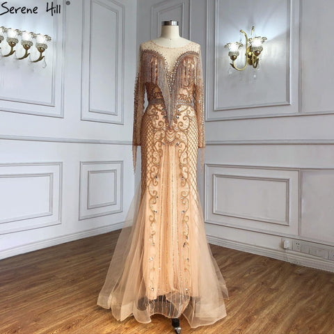 Muslim Gold Luxury Evening Dresses Gowns 2025  Beaded Tassels Elegant For Women Party LA60780