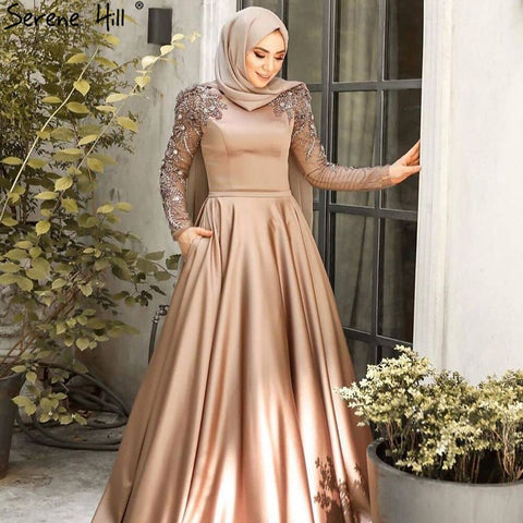 Muslim Gold Luxury Evening Dresses Gowns 2025 Beading Luxury For Women Wedding Party LA71069