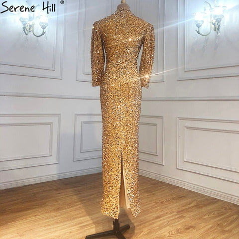 Muslim Gold Luxury Evening Dresses Gowns 2025 Mermaid Sparkle Elegant Formal Dress LA71030