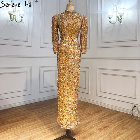 Muslim Gold Luxury Evening Dresses Gowns 2025 Mermaid Sparkle Elegant Formal Dress LA71030