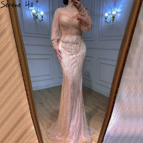 Muslim Gold Luxury Evening Dresses Gowns 2025 Puff Sleeves Mermaid Elegant For Women Party LA70984