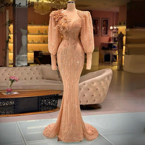 Muslim Gold Luxury Evening Dresses Gowns 2025 Puff Sleeves Mermaid Elegant For Women Party LA70984