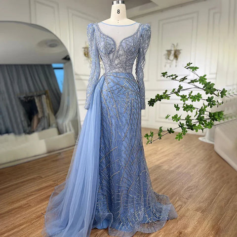 Muslim Gold Mermaid Beaded Luxury Dubai Evening Dresses Gowns With Overskirt 2025 For Women Party LA72206