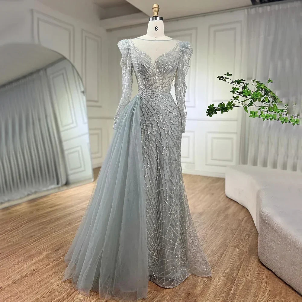 Muslim Gold Mermaid Beaded Luxury Dubai Evening Dresses Gowns With Overskirt 2025 For Women Party LA72206