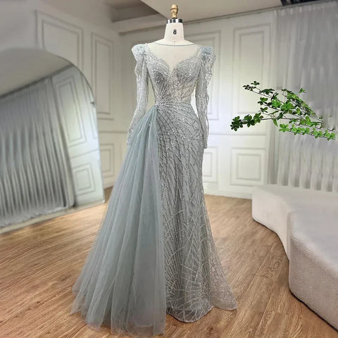 Muslim Gold Mermaid Beaded Luxury Dubai Evening Dresses Gowns With Overskirt 2025 For Women Party LA72206