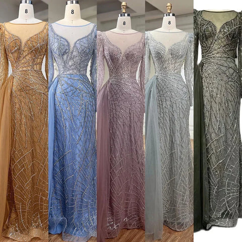 Luxury Muslim Gold Mermaid Beaded Dubai Evening Dresses with Overskirt LA72206