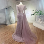 Luxury Muslim Gold Mermaid Beaded Dubai Evening Dresses with Overskirt LA72206