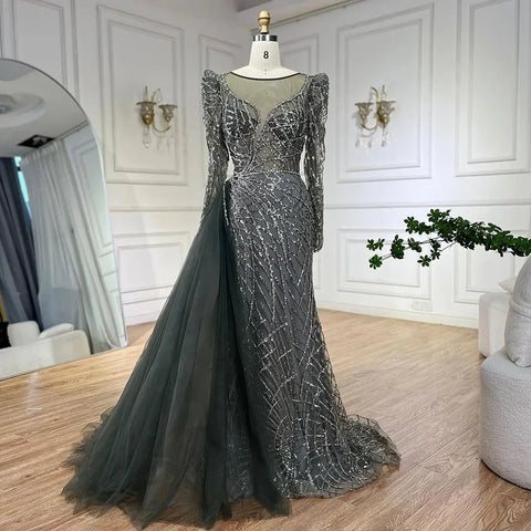 Muslim Gold Mermaid Beaded Luxury Dubai Evening Dresses Gowns With Overskirt 2025 For Women Party LA72206