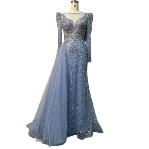 Muslim Gold Mermaid Beaded Luxury Dubai Evening Dresses Gowns With Overskirt 2025 For Women Party LA72206