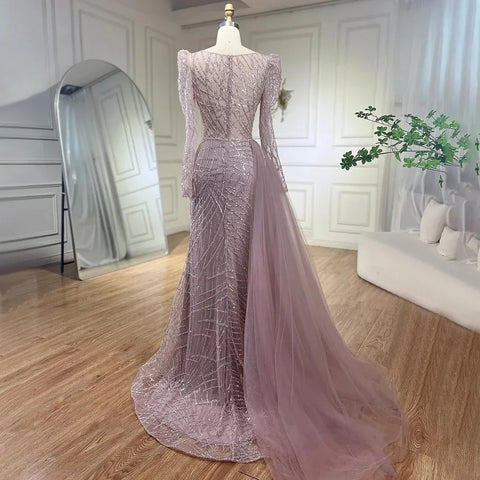 Muslim Gold Mermaid Beaded Luxury Dubai Evening Dresses Gowns With Overskirt 2025 For Women Party LA72206