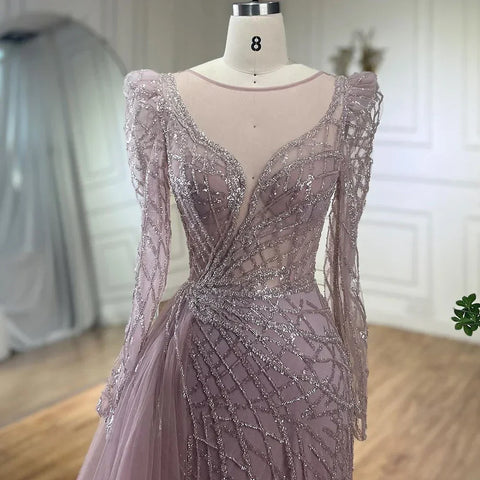 Muslim Gold Mermaid Beaded Luxury Dubai Evening Dresses Gowns With Overskirt 2025 For Women Party LA72206