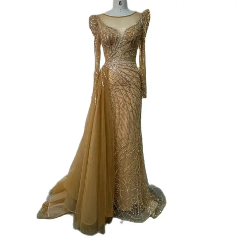 Muslim Gold Mermaid Beaded Luxury Dubai Evening Dresses Gowns With Overskirt 2025 For Women Party LA72206