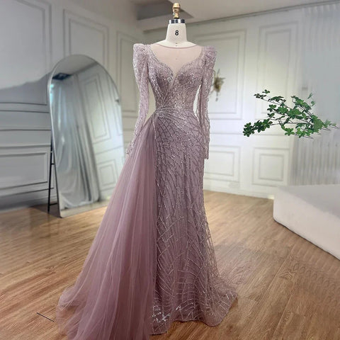 Muslim Gold Mermaid Beaded Luxury Dubai Evening Dresses Gowns With Overskirt 2025 For Women Party LA72206