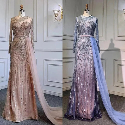 Muslim Gold Mermaid Elegant Beaded Luxury Dubai Evening Dresses Gowns For Women Wedding Party 2025 LA71429
