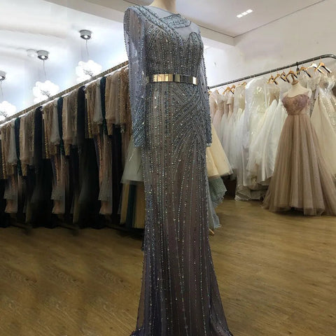 Muslim Gold Mermaid Elegant Beaded Luxury Dubai Evening Dresses Gowns For Women Wedding Party 2025 LA71429