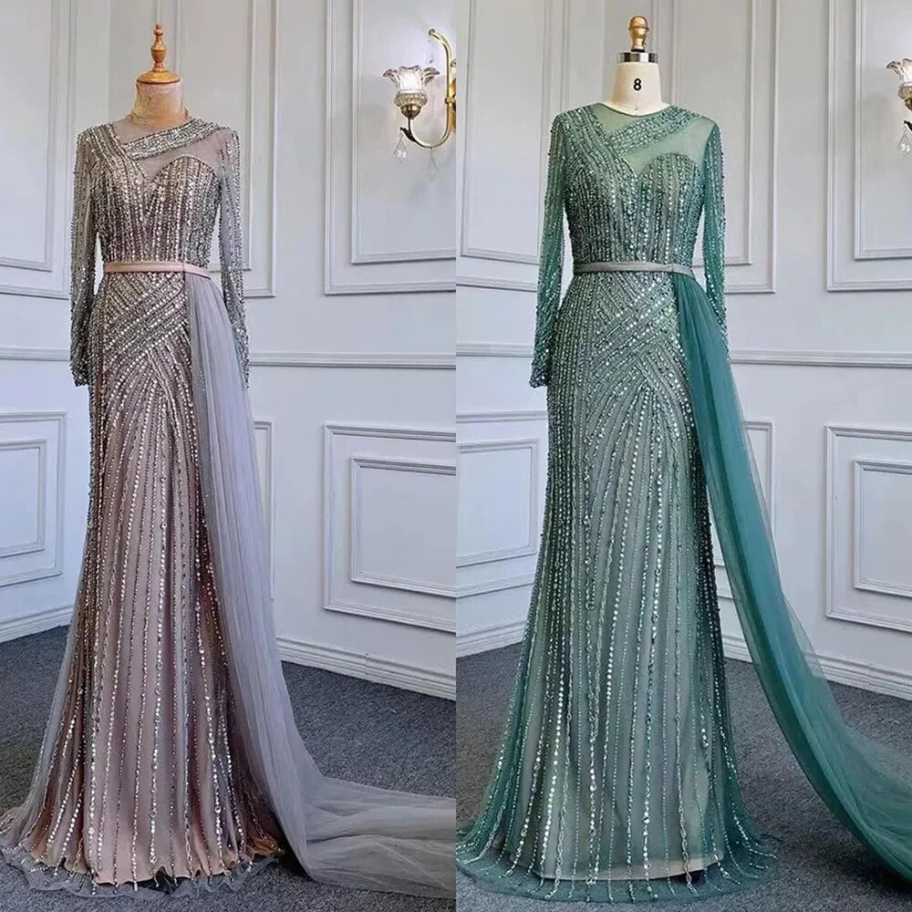 Muslim Gold Mermaid Elegant Beaded Luxury Dubai Evening Dresses Gowns For Women Wedding Party 2025 LA71429