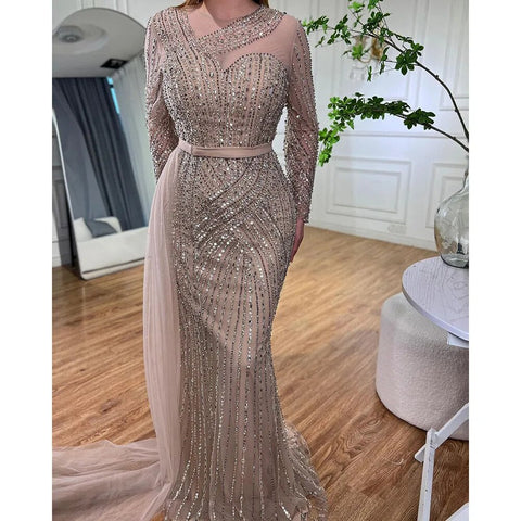 Muslim Gold Mermaid Elegant Beaded Luxury Dubai Evening Dresses Gowns For Women Wedding Party 2025 LA71429