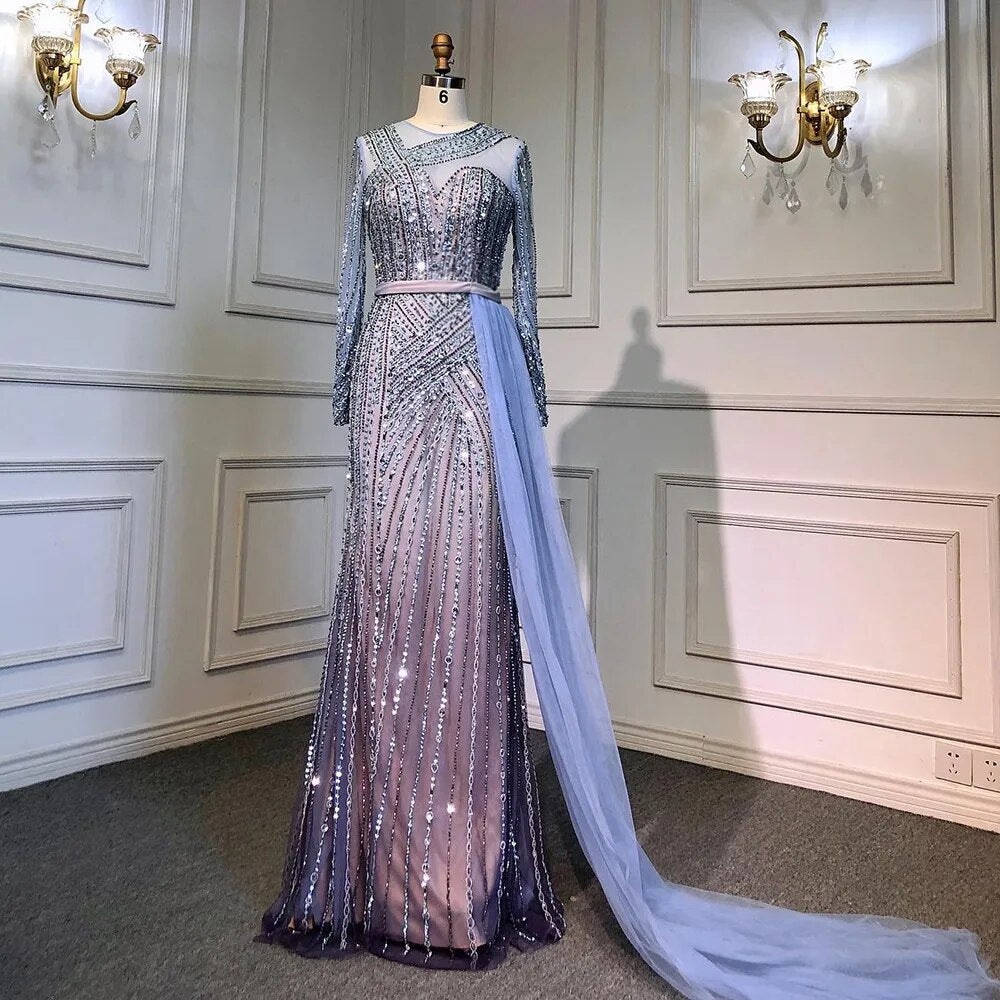 Muslim Gold Mermaid Elegant Beaded Luxury Dubai Evening Dresses Gowns For Women Wedding Party 2025 LA71429