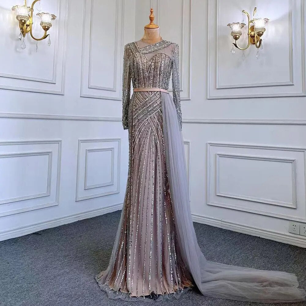 Muslim Gold Mermaid Elegant Beaded Luxury Dubai Evening Dresses Gowns For Women Wedding Party 2025 LA71429