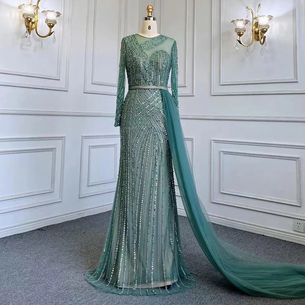 Muslim Gold Mermaid Elegant Beaded Luxury Dubai Evening Dresses Gowns For Women Wedding Party 2025 LA71429