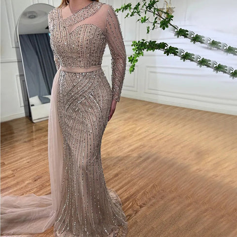 Muslim Gold Mermaid Elegant Beaded Luxury Dubai Evening Dresses Gowns For Women Wedding Party 2025 LA71429