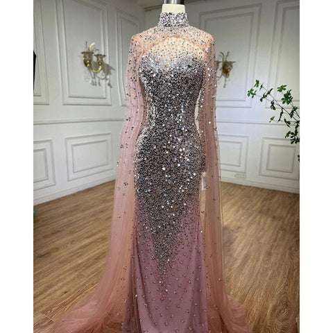 Muslim Gold Mermaid Elegant Cape Sleeves Beaded Luxury Dubai Long Evening Dresses Gowns 2025 For Woman Party LA71990