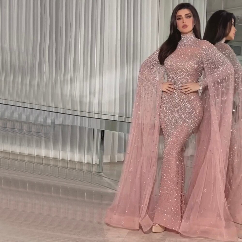 Muslim Gold Mermaid Elegant Cape Sleeves Beaded Luxury Dubai Long Evening Dresses Gowns 2025 For Woman Party LA71990