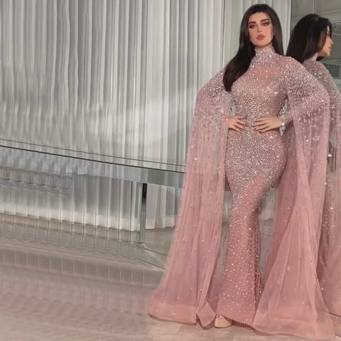 Muslim Gold Mermaid Elegant Cape Sleeves Beaded Luxury Dubai Long Evening Dresses Gowns 2025 For Woman Party LA71990