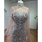 Muslim Gold Mermaid Elegant Cape Sleeves Beaded Luxury Dubai Long Evening Dresses Gowns 2025 For Woman Party LA71990