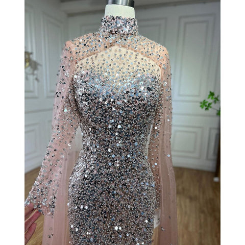 Muslim Gold Mermaid Elegant Cape Sleeves Beaded Luxury Dubai Long Evening Dresses Gowns 2025 For Woman Party LA71990