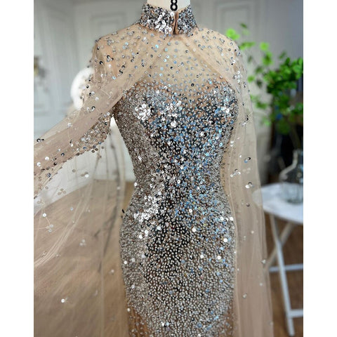 Muslim Gold Mermaid Elegant Cape Sleeves Beaded Luxury Dubai Long Evening Dresses Gowns 2025 For Woman Party LA71990