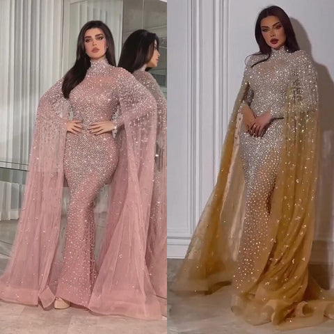 Muslim Gold Mermaid Elegant Cape Sleeves Beaded Luxury Dubai Long Evening Dresses Gowns 2025 For Woman Party LA71990