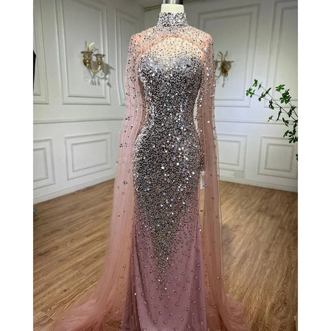 Muslim Gold Mermaid Elegant Cape Sleeves Beaded Luxury Dubai Long Evening Dresses Gowns 2025 For Woman Party LA71990