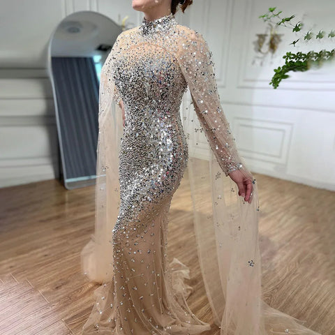 Muslim Gold Mermaid Elegant Cape Sleeves Beaded Luxury Dubai Long Evening Dresses Gowns 2025 For Woman Party LA71990
