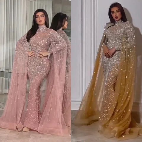 Muslim Gold Mermaid Elegant Cape Sleeves Beaded Luxury Dubai Long Evening Dresses Gowns 2025 For Woman Party LA71990