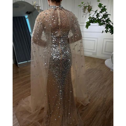Muslim Gold Mermaid Elegant Cape Sleeves Beaded Luxury Dubai Long Evening Dresses Gowns 2025 For Woman Party LA71990