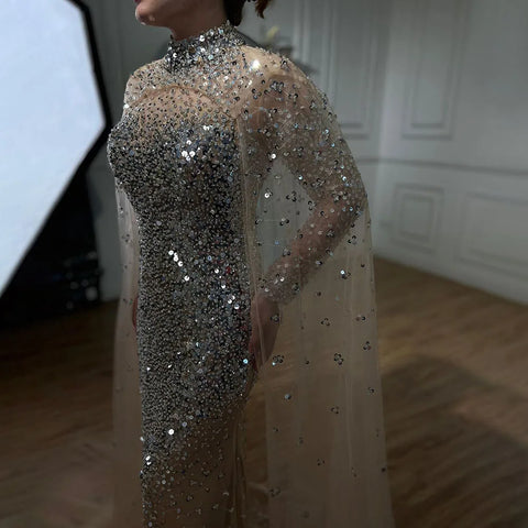 Muslim Gold Mermaid Elegant Cape Sleeves Beaded Luxury Dubai Long Evening Dresses Gowns 2025 For Woman Party LA71990