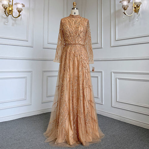 Robe de soirée élégante de luxe style sirène dorée musulmane, col haut, perles, 2025, pour femmes, LA71682 