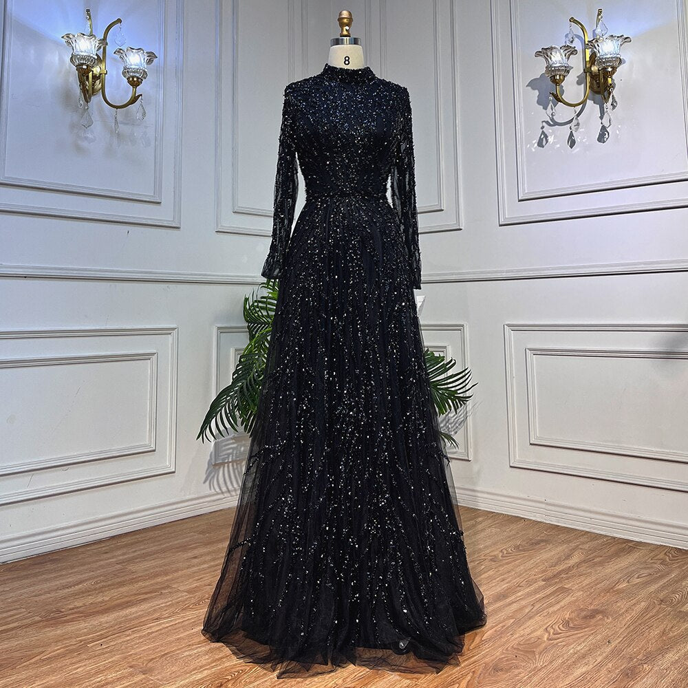 On Sale no return no refund Muslim Gold Mermaid Elegant Luxury Evening Dresses Gowns High Neck Beaded 2025 For Women Party LA71682