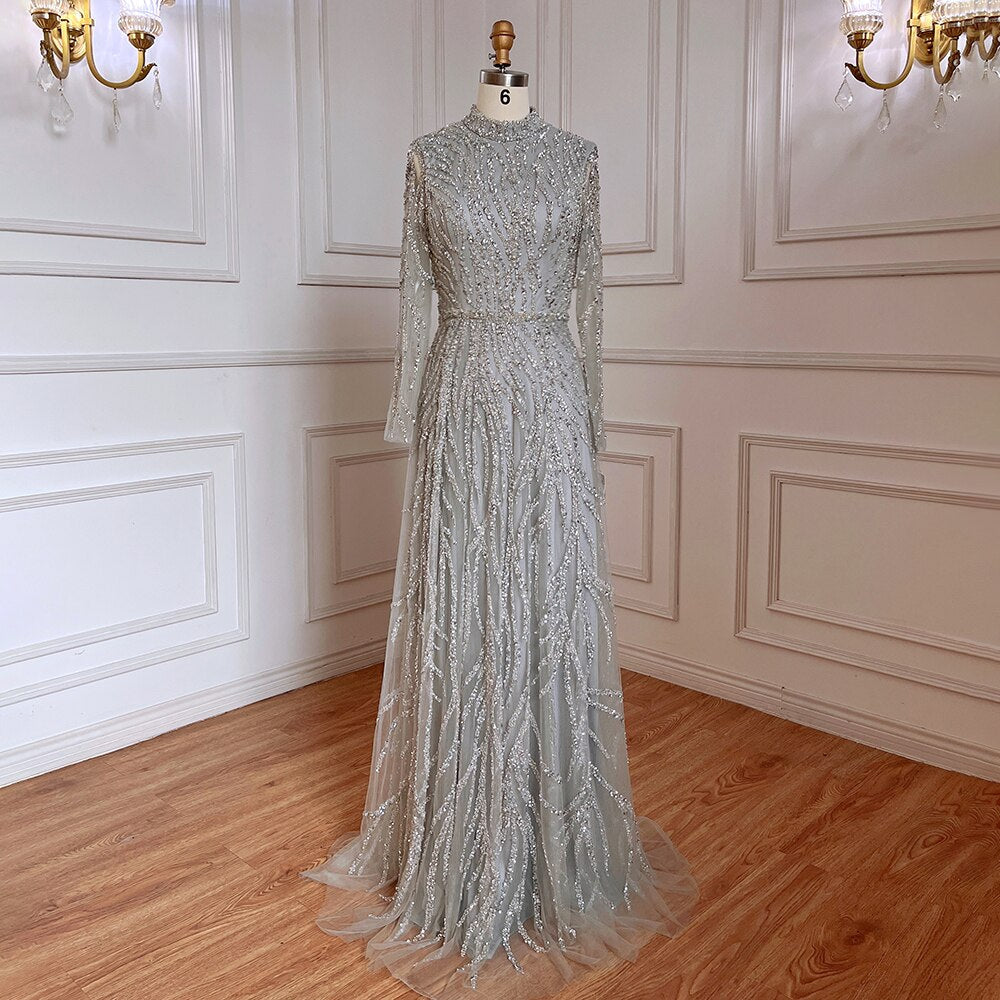 On Sale no return no refund Muslim Gold Mermaid Elegant Luxury Evening Dresses Gowns High Neck Beaded 2025 For Women Party LA71682
