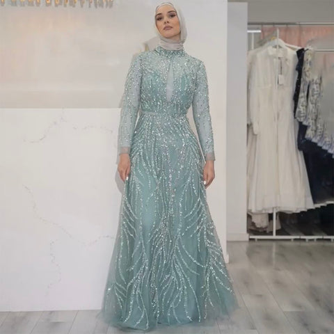 Robe de soirée élégante de luxe style sirène dorée musulmane, col haut, perles, 2025, pour femmes, LA71682 