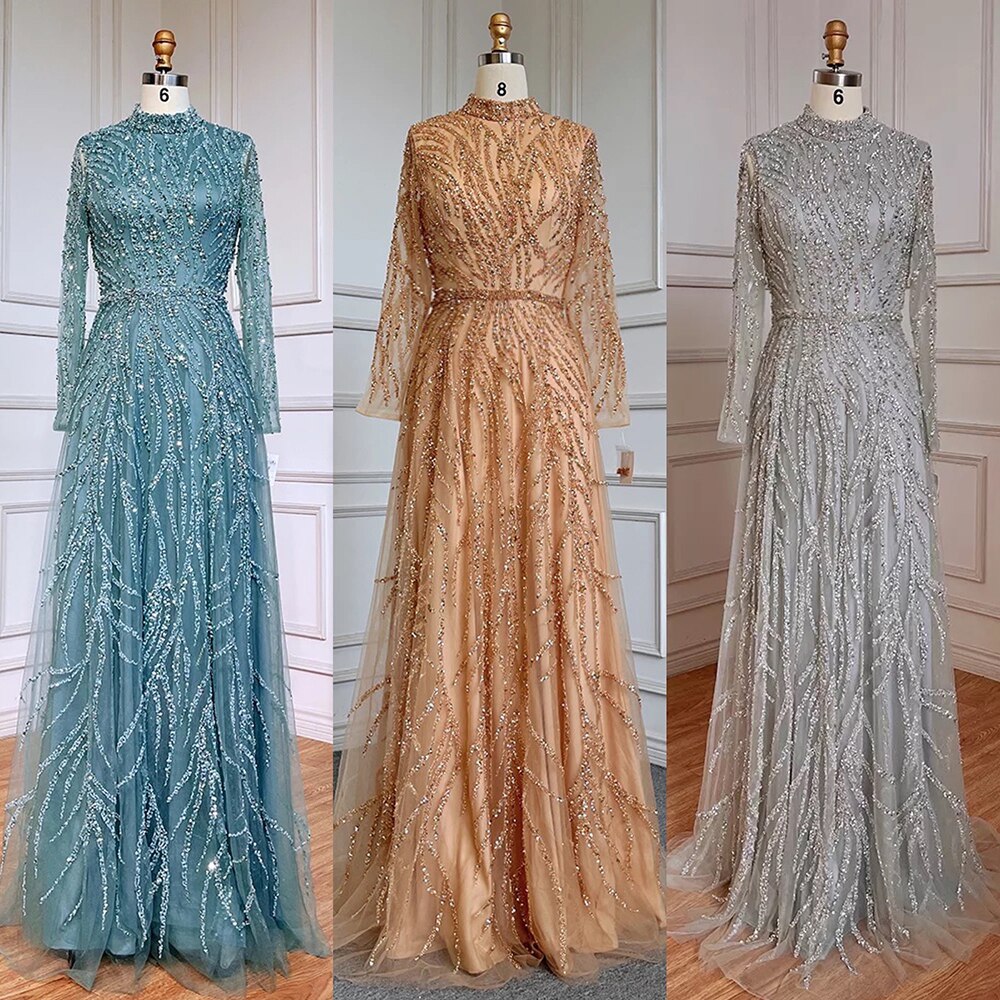 On Sale no return no refund Muslim Gold Mermaid Elegant Luxury Evening Dresses Gowns High Neck Beaded 2025 For Women Party LA71682